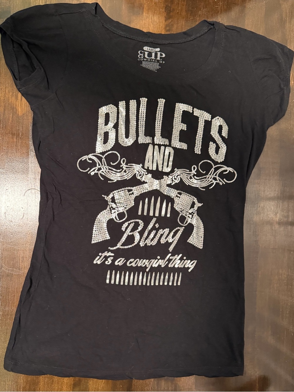 Cowgirl Up black T shirt. Silver writing. Bullets and bling. Cowgirl thing